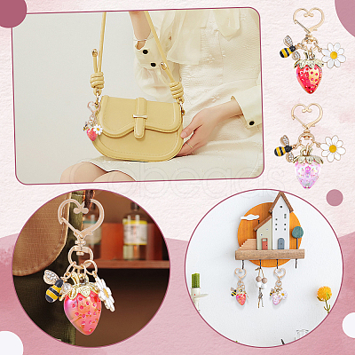 2Pcs 2 Colors Resin & Enamel Strawberry with Flower Keychains KEYC-PH0002-41-1