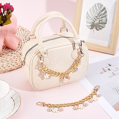 2Pcs Alloy Enamel White Flower Pendant Aluminum Curb Chain Bag Decorative Chains HJEW-BBC0001-36-1