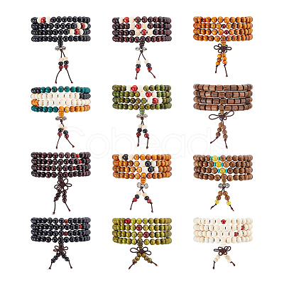 24Pcs 12 Styles Wood Round Prayer Beads Bracelets BJEW-DC0001-12-1