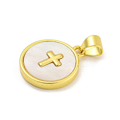 Rack Plating Brass Pave Nature Shell Cross Pendants KK-C074-34G-1