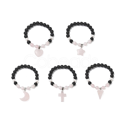 Natural Madagascar Rose Quartz & Lava Rock & Shell Pearl Charm Bracelets BJEW-JB13707-1