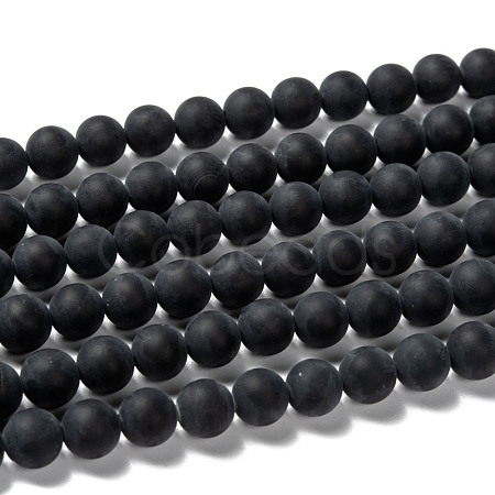 Grade A Round Frosted Natural Black Agate Beads Strands X-G447-4-1