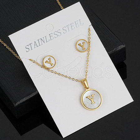 304 Stainless Steel with Natural Shell Pendant Necklaces & Stud Earrings Sets FS-WG5FD70-25-1