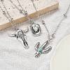 3Pcs 3 Styles Retro Alloy Synthetic Turquoise Cow Head/Cactus/Oval Pendant Satellite Chain Necklace Sets for Women NJEW-B120-01C-4