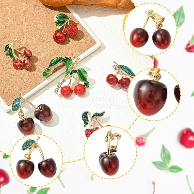 6Pcs 6 Styles 3D Resin Cherry Brooch Pin with Rhinestone JEWB-CJ0001-32-1