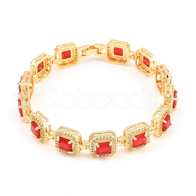 Square Brass Micro Pave Clear Cubic Zirconia and Glass Link Chain Bracelets BJEW-T025-04G-01-1