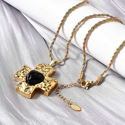 Cross with Heart 304 Stainless Steel Cubic Zirconia Pendant Necklaces NJEW-H070-01G-02-1