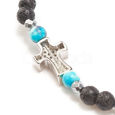 Natural & Synthetic Mixed Gemstone Beaded Stretch Bracelet with Clear Cubic Zirconia Cross for Women BJEW-JB08247-05-1