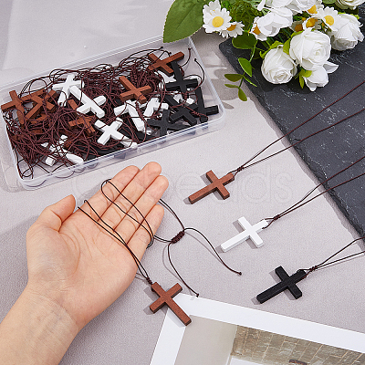 30Pcs 3 Corss Religion Wood Pendant Necklaces for Women NJEW-DC00012-1