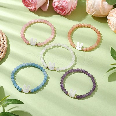 Cute Rabbit Shell & Natural Mixed Gemstone Beaded Stretch Bracelets for Women BJEW-JB11040-1