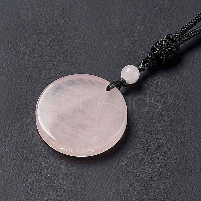 Natural Rose Quartz Flat Round with Flower of Life Pendant Necklace with Nylon Cord for Women NJEW-P274-02-06-1