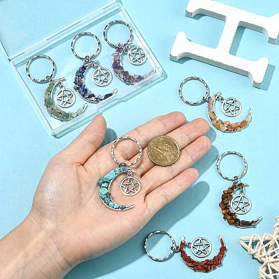 7Pcs Natural & Synthetic Mixed Stone Moon Keychains KEYC-FS00043-1
