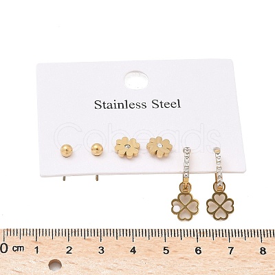304 Stainless Steel Rhinestone Clover & Round Earring Sets EJEW-Z098-13G-1