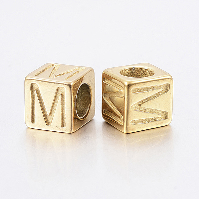 304 Stainless Steel Large Hole Letter European Beads X-STAS-H428-01G-M-1