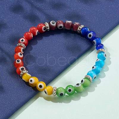 Rainbow Round Evil Eye Lampwork Stretch Beaded Bracelets for Kids X-BJEW-JB05940-1