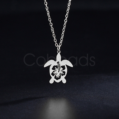 Ocean 304 Stainless Steel Hollow Floral Turtle Pendant Necklaces for Women WG89907-01-1