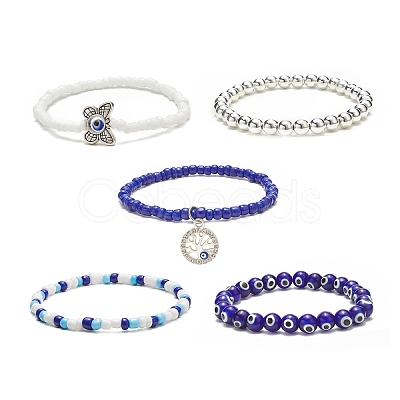 5Pcs 5 Style Evil Eye Lampwork & Glass Beaded Stretch Bracelets Set BJEW-JB09119-1