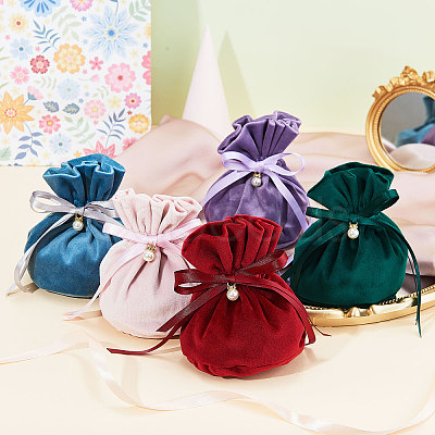 Velvet Jewelry Bags with Drawstring & Plastic Imitation Pearl TP-CJC0001-03B-1