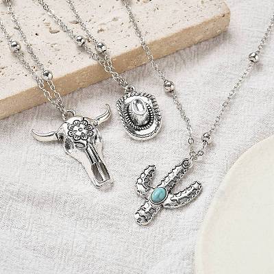 3Pcs 3 Styles Retro Alloy Synthetic Turquoise Cow Head/Cactus/Oval Pendant Satellite Chain Necklace Sets for Women NJEW-B120-01C-1