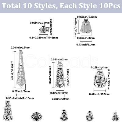 100Pcs 10 Styles Tibetan Styles Alloy Bead Cone & Bead Caps FIND-SP0020-73A-1