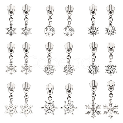 18Pcs 9 Styles Alloy Replacement Zipper Head with Snowflake Tibetan Style Alloy Pendants PALLOY-TAC0158-1