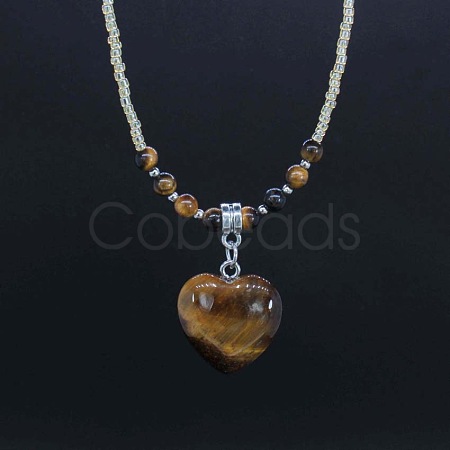 Natural Gemstone Heart Pendant Colorful Glass Seed Beads Beaded Necklaces for Women VA8487-4-1