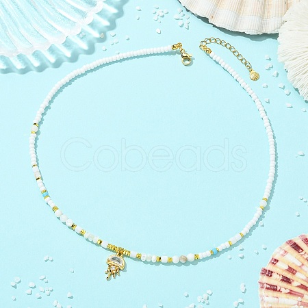 Ocean Brass Pave Clear Cubic Zirconia Sea Animals Pendant Natural Shell and Glass Seed Beaded Necklaces for Women NJEW-JN06345-03-1