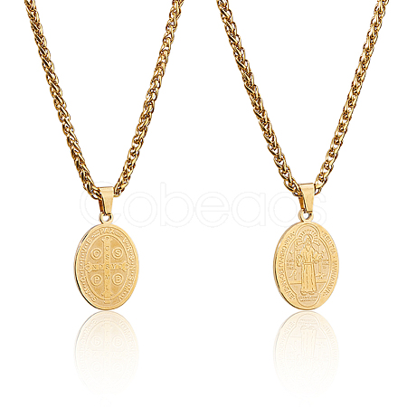 2Pcs Stainless Steel Saint Benedict Oval Medal Pendant Wheat Chain Necklaces NJEW-DC0001-20G-1