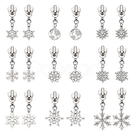18Pcs 9 Styles Alloy Replacement Zipper Head with Snowflake Tibetan Style Alloy Pendants PALLOY-TAC0158-1