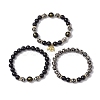 3Pcs 3 Styles 8mm Round Natural Tibetan 3-Eye dZi Agate & Eyeless Obsidian Beaded Stretch Bracelet Sets BJEW-JB10336-4