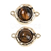 Brass Pave Natural Tiger Eye Flat Round Links Connector Charms KK-U043-45G-C-1