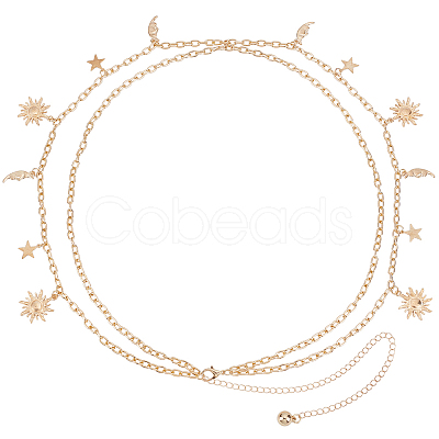 Alloy Moon Sun Star Double Layer Tassel Waist Chains AJEW-GF0013-25G-1