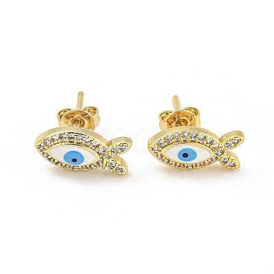 Fish with Evil Eye Golden Brass Stud Earrings EJEW-L269-104G-01-1