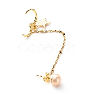 Natural Pearl Brass Crawler Ear Studs Chains EJEW-JE04566-03-1