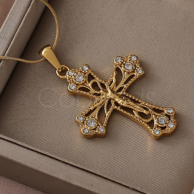 Vintage 304 Stainless Steel with Clear Glass Hollow Jesus Cross Pendant Necklaces for Women Men JW8660-1