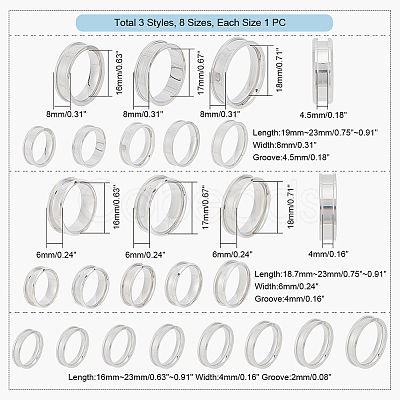 24Pcs 24 Style 201 & 304 Stainless Steel Grooved Finger Ring Settings STAS-UN0044-15-1