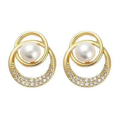 Flat Round Brass Micro Pave Clear Cubic Zirconia Stud Earring Findings KK-D102-09G-1