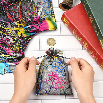 Halloween Theme Spider Printed Organza Drawstring Bags ABAG-WH20021-006F-1