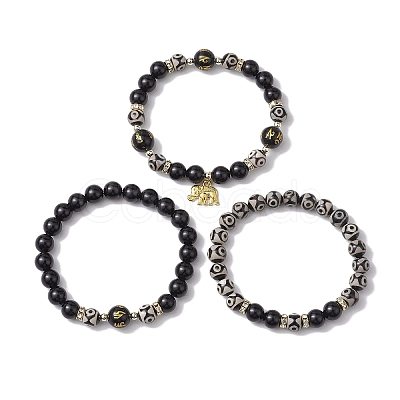 3Pcs 3 Styles 8mm Round Natural Tibetan 3-Eye dZi Agate & Eyeless Obsidian Beaded Stretch Bracelet Sets BJEW-JB10336-1