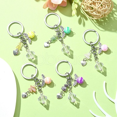 Gemstone Chip & Alloy Heart Pendant Keychain with Angel Acrylic Charm KEYC-JKC00541-1