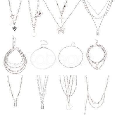 18Pcs 18 Style Alloy Curb & Paperclip & Herringbone Chain Necklaces Set NJEW-AN0001-43-1