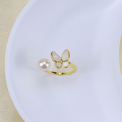 Natural Freshwater Pearl with Plastic & Alloy Cuff Rings WGACE42-10-1