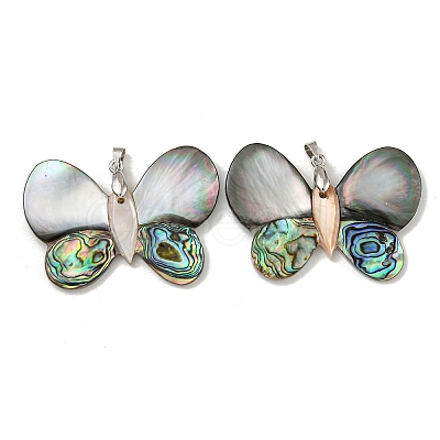 Rack Plating Brass Pave Natural Paua Shell & White Shell Pendants KK-U025-12P-10-1