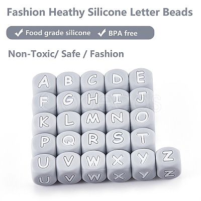 20Pcs Grey Cube Letter Silicone Beads 12x12x12mm Square Dice Alphabet Beads with 2mm Hole Spacer Loose Letter Beads for Bracelet Necklace Jewelry Making JX436N-1