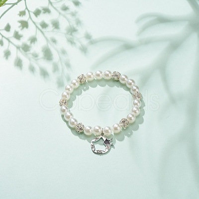 ABS Plastic Imitation Pearl & Rhinestone Beaded Stretch Bracelet with Alloy Charm for Women BJEW-JB08526-01-1