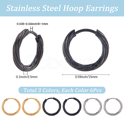 18Pcs 3 Colors 303 Stainless Steel Twist Hoop Earrings for Women EJEW-SC0001-81C-1