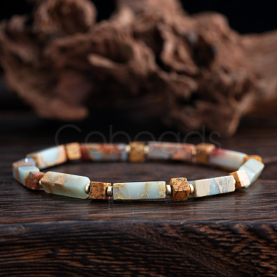Vintage Bohemian Synthetic Aqua Terra Jasper & Non-magnetic Hematite & Natural Picture Jasper Cuboid Beaded Stretch Bracelets for Men YF8197-1