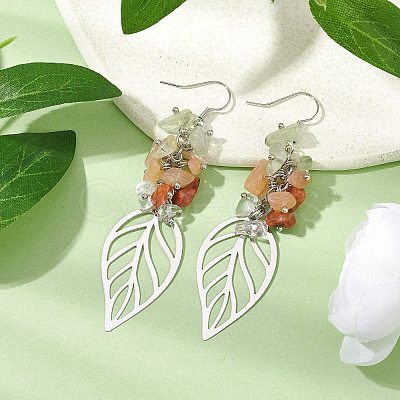 Leaf 201 Stainless Steel Natural Quartz Crystal & Natural Prehnite & Natural Carnelian & Natural Sunstone Chip Dangle Earrings EJEW-JE06138-03-1