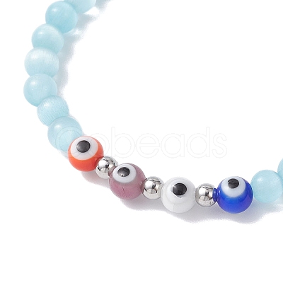Cat Eye & Handmade Evil Eye Lampwork Round Beaded Stretch Bracelets for Women BJEW-JB12289-01-1