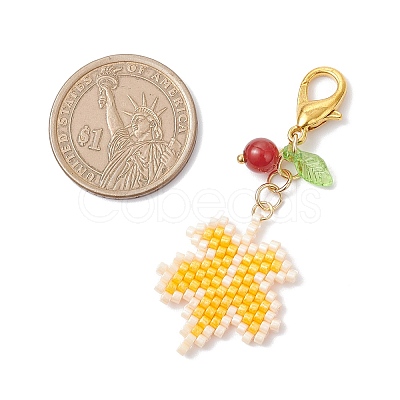 Maple Leaf Acrylic & Glass Seed & Natural Carnelian Beads Pendant Decorations HJEW-MZ00347-01-1